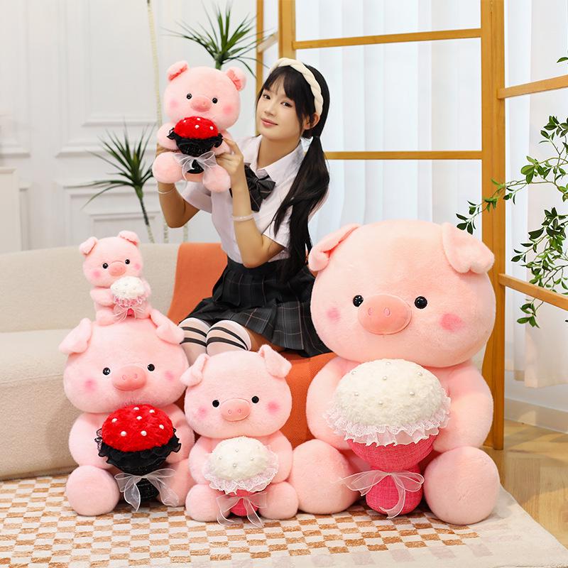 Large Plush Pig Doll - Cute Stuffed Animal Gift for Girlfriend, Valentine's Day, or Birthday - Pig Holding a Flower