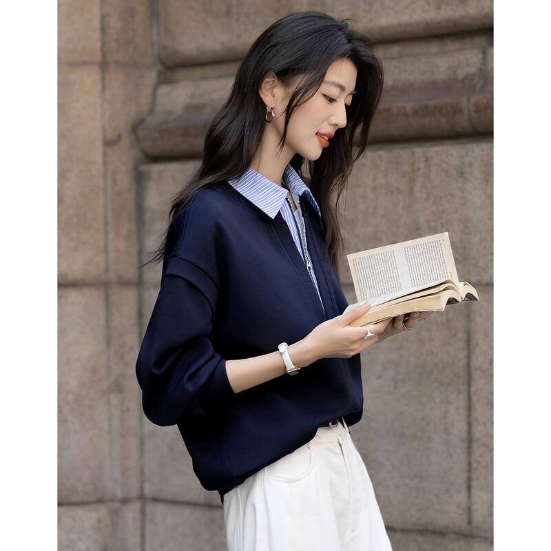 Demana Women's Fall Faux Two-Piece Striped Polo Sweatshirt