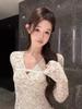 Women's White Lace V-Neck Long-Sleeve T-Shirt - Sexy Autumn Inner Layer