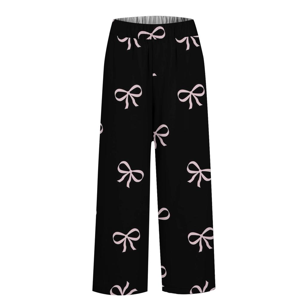 Damenhose aus Baumwollleinen, bedruckt, Sommerhose mit weitem Bein, lässig, locker, Kordelzug, hohe Taille, Palazzo-Hose mit Taschen