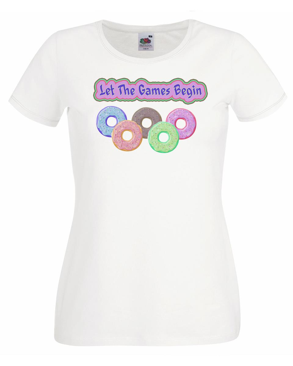 Ladies White Doughnut Rings Let The Games Begin Sports Joke TShirt 2XL