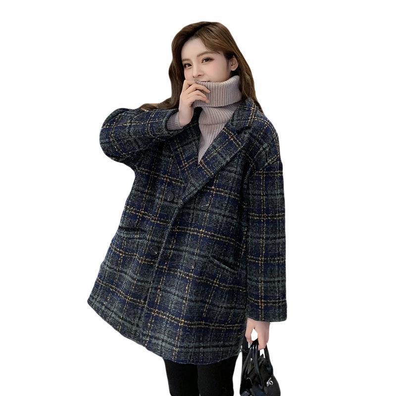 Umlegekragen Wolle Vintage Lockere Freizeitmode Herbst Damenmode Karierter Mantel Zweireihig Übergröße