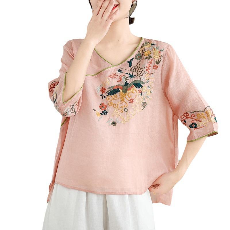Retro embroidered shirt women's 2025 summer new loose v-neck five-quarter sleeve breathable cotton and linen top