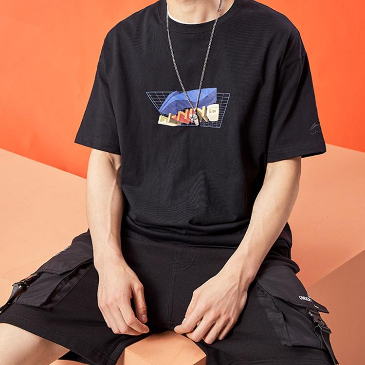 Li Ning Summer Printed Loose Round Neck Sports Short Sleeve T-Shirt Men Tops Black AHSQ561-3