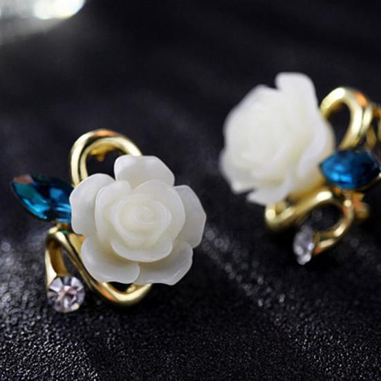 

1 Pair Elegant Retro Women Rhinestone Rose Floral Flower Ear Stud Earrings білий