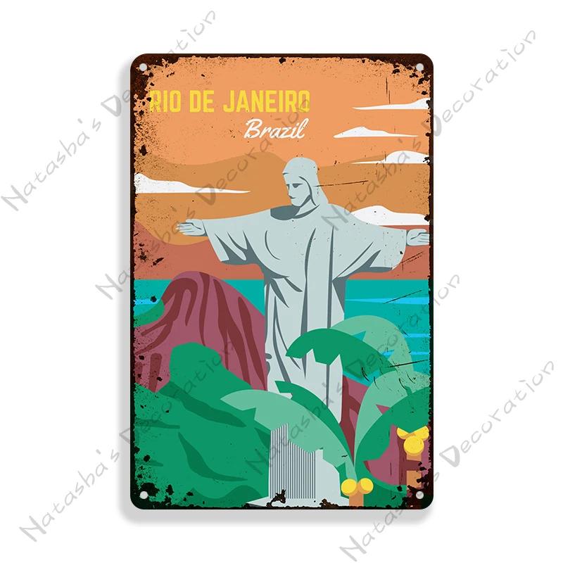 Brazil Vintage Poster Rio De Janeiro Metal Sign Landscape Decorative Sign Retro Metal Plaque Man Cave Pub Home Club Wall Decor