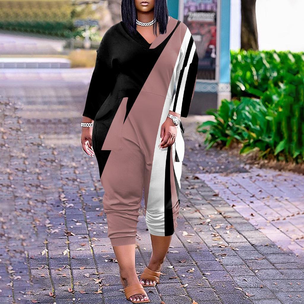 Lockerer, lässiger Jumpsuit mit V-Ausschnitt und langen Ärmeln für Damen in großen Größen