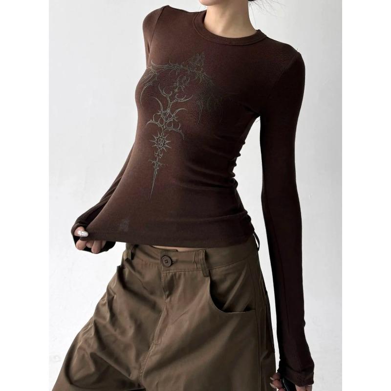 American Retro Printed Long-sleeved T-shirt for Women Velvet Autumn and Winter Slim Bottoming Shirt Trendy Top