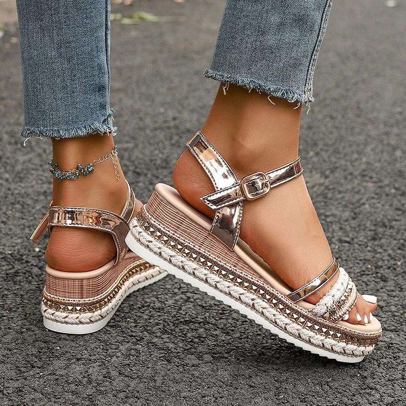 Plus Size Fashion Rivet Decor Wedge Sandals Women Gold Ankle Strap Platform Sandals for Woman Summer Thick Sole Roman Sandalias