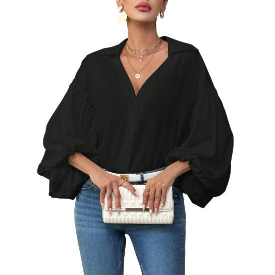 

Women Shirt Lapel Half Open Collar Puff Long Sleeve Shirt Tops A-Line Tunic S