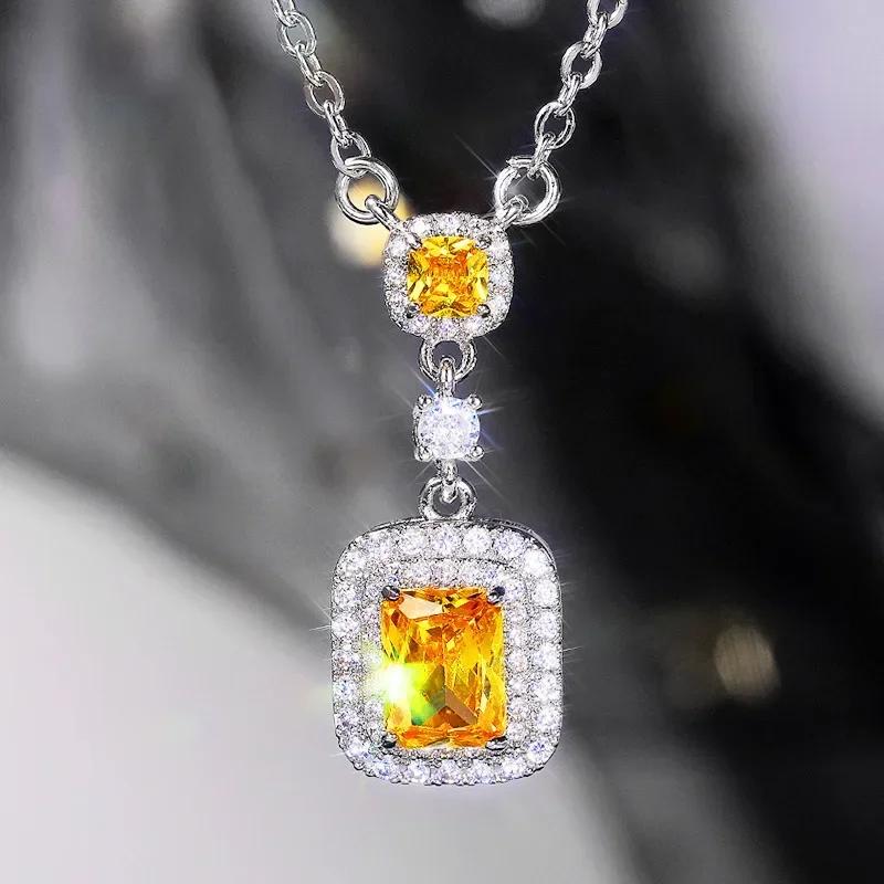 New Versatile Yellow Diamond Zircon Square Necklace Luxury Pink  Pendant  Female High Quality Jewelry
