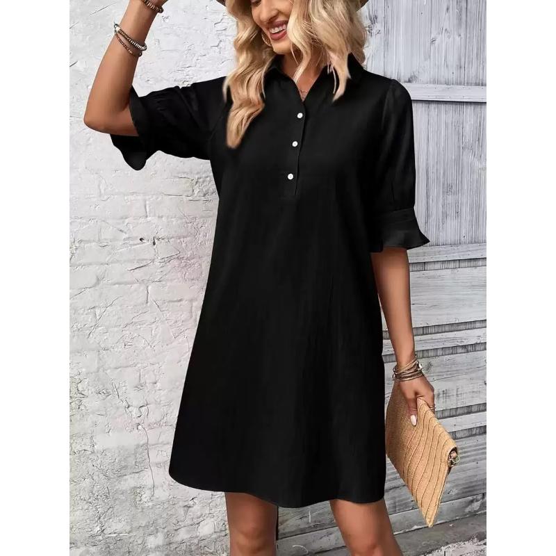 Women's Spring Autumn Casual Loose Solid Color Shirt Dress, Lapel Collar Short Sleeve Button Down A-Line Mini Daily Wear Dress