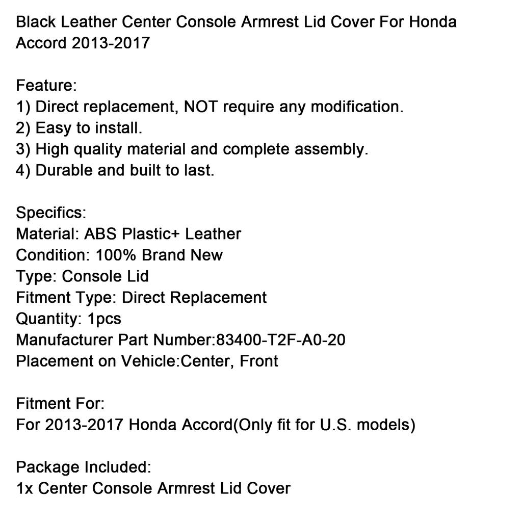 Center Console Armrest Lid Cover 83400-T2F-A0-20 For Honda Accord 2013-2017