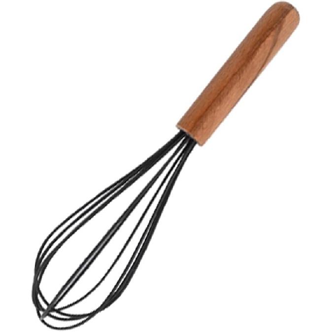 1pcs Black Silicone Balloon Whisk,Heat Resistant Non Scratch Coated Kitchen Whisk with Wooden Handle for Blending Whisking Beating Stirring Cooking