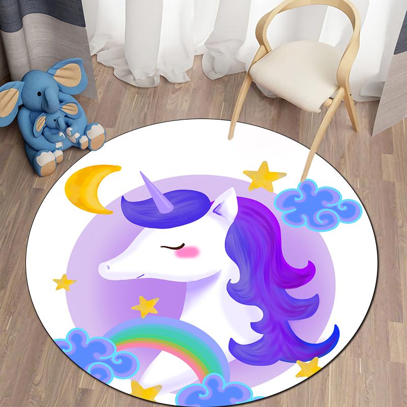 Alfombra redonda con bonitos dibujos de unicornios para dormitorio de niños, alfombra antideslizante para gatear, alfombra para sala de estar, felpudo decorativo para el baño