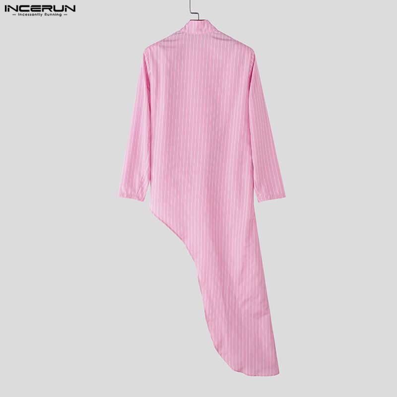INCERUN Men Stand Neck Long Sleeve Striped Splits Irregular Hem Long Tunic Shirts Tops