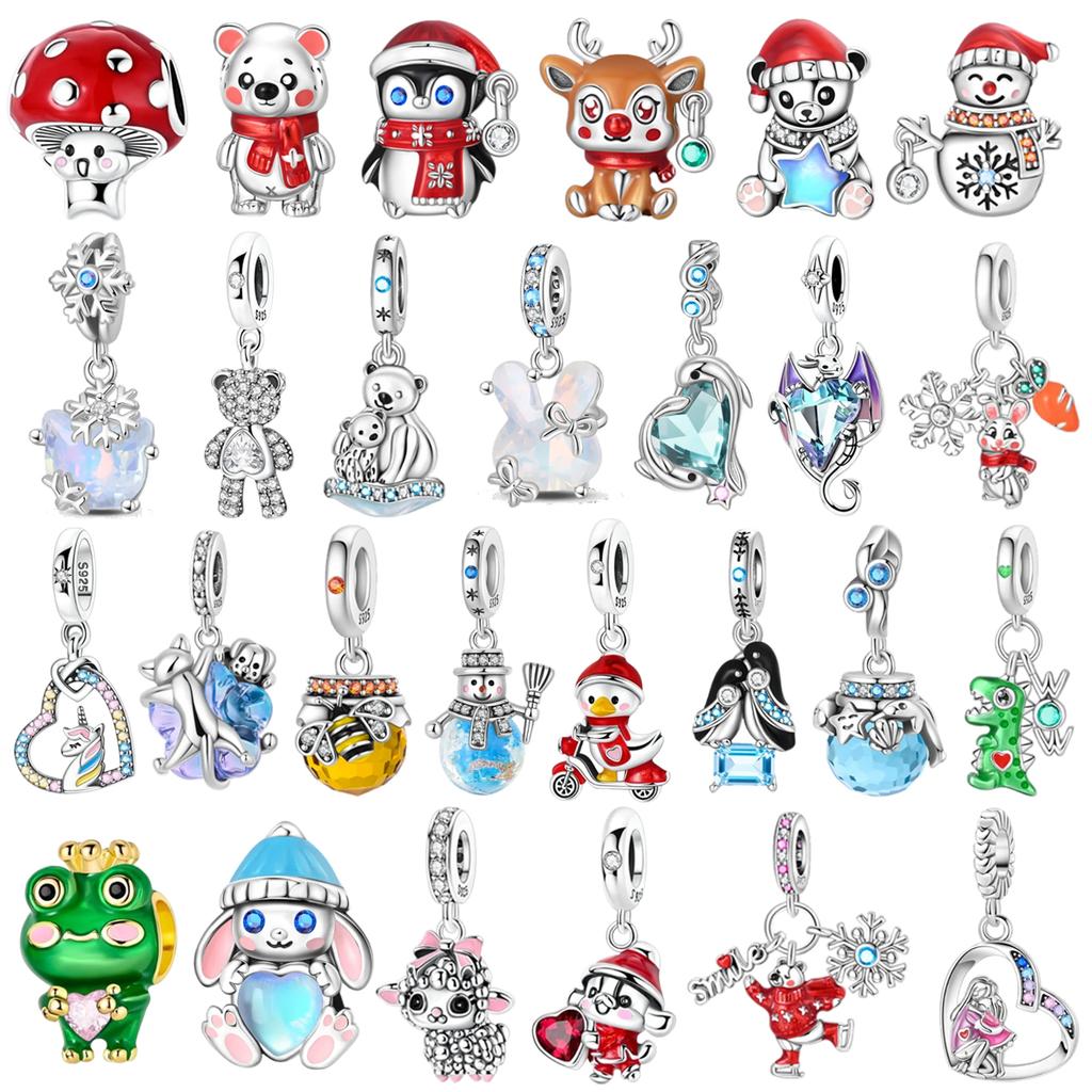 Original Charm 925 Pure Silver Rabbit Snowman Bear Whale Pendant Beads fit Women's Necklace DIY Bracelet Exquisite Jewelry Gif