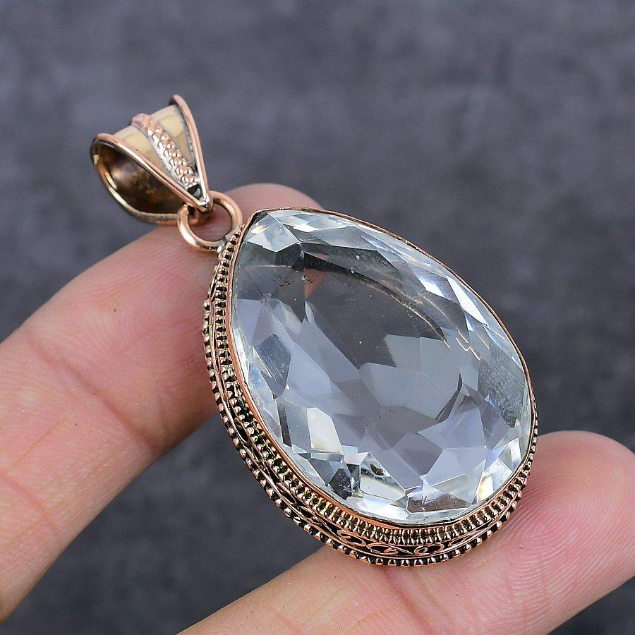 Natural White Topaz Gemstone Handmade Copper Jewelry Pendant 2.17" t3K26