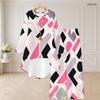 Women Plus Size Round Neck Long Sleeve Multicolor Geometric Printed High Low Top Wide Leg Pants Two Piece Set