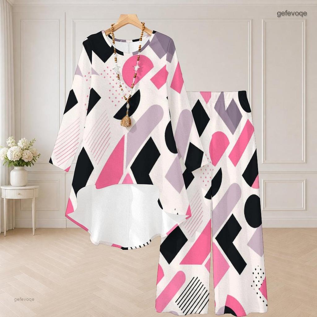 Women Plus Size Round Neck Long Sleeve Multicolor Geometric Printed High Low Top Wide Leg Pants Two Piece Set