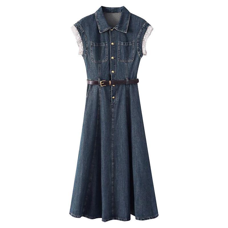 Summer 2026 Retro Lace Patchwork Denim Skirt - Women s Cool Style Waist-Cinching Dress S (Weight: 80-90 kg)