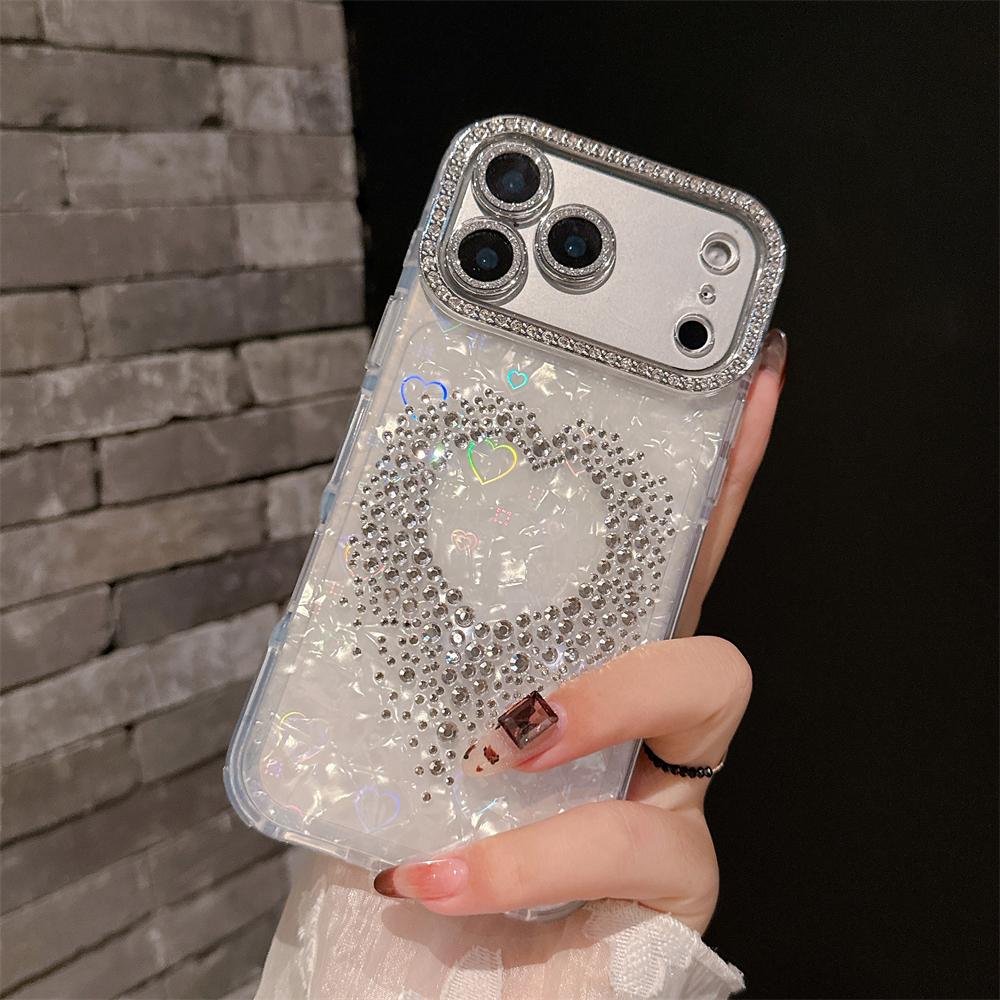 Diamond Lens Frame Shell Pattern Phone Case for iPhone 17 16 Pro Max 15 14 13 Rhinestone Love Heart Laser Shockproof Back Cover