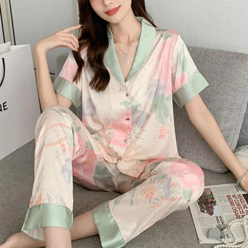 

Женская пижама с коротким рукавом, длинные брюки, свободная домашняя одежда для студентов, кардиган с лацканами, пижама для девочек, ночная рубашка с цветочным принтом, домашняя одежда M розовый