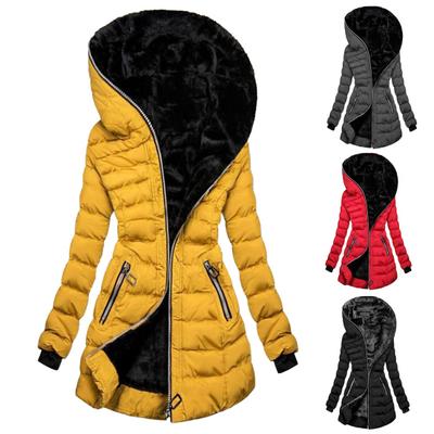 Wintermantel, einfarbig, Reißverschluss, schmale Taille, mit Kapuze, gesteppt, Damenmantel für den Außenbereich