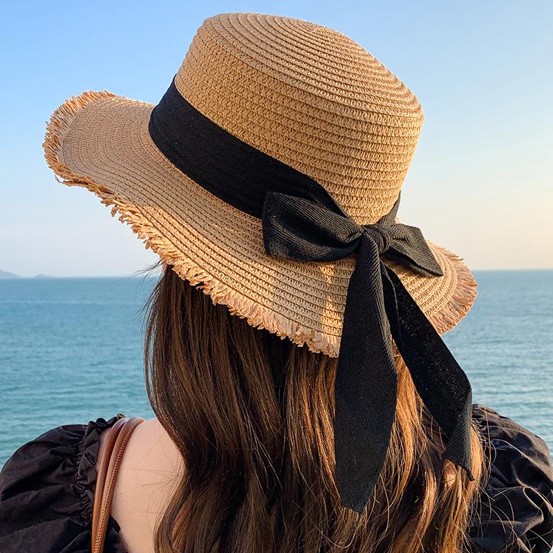 Women Fashion Straw Hat with Bow Ribbon Summer Anti-UV Sunshade Visors Seaside Vacation Beach Cap Flat Top Streamer Bows Sun Hat