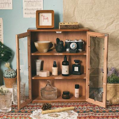 1pc Horizonta/Vertical Style Vintage Transparent Double Door Wooden Storage Cabinet,Multi-Layer Tea&spice kitchen,Living Room Organizer Box.