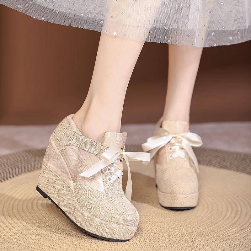 Fashion 2025 New Women's 15CM Extra High Heel Platform Shoes  Breathable Wedge Sandals with Lace-Up Design Slimming Casual shoes