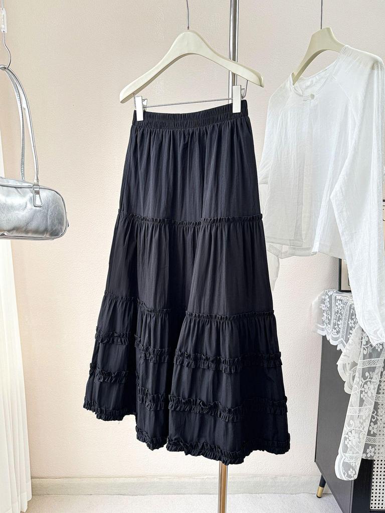 Korean-Style Black Layered Ruffled Lace Long Skirt - Women's Spring/Summer 2026