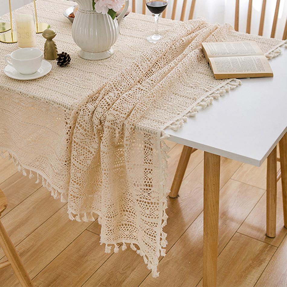 Cotton-woven Hollow Tablecloth,With Tassel Rectangle Table Cloths for Kitchen Party Holiday Christmas Dining Table Decor