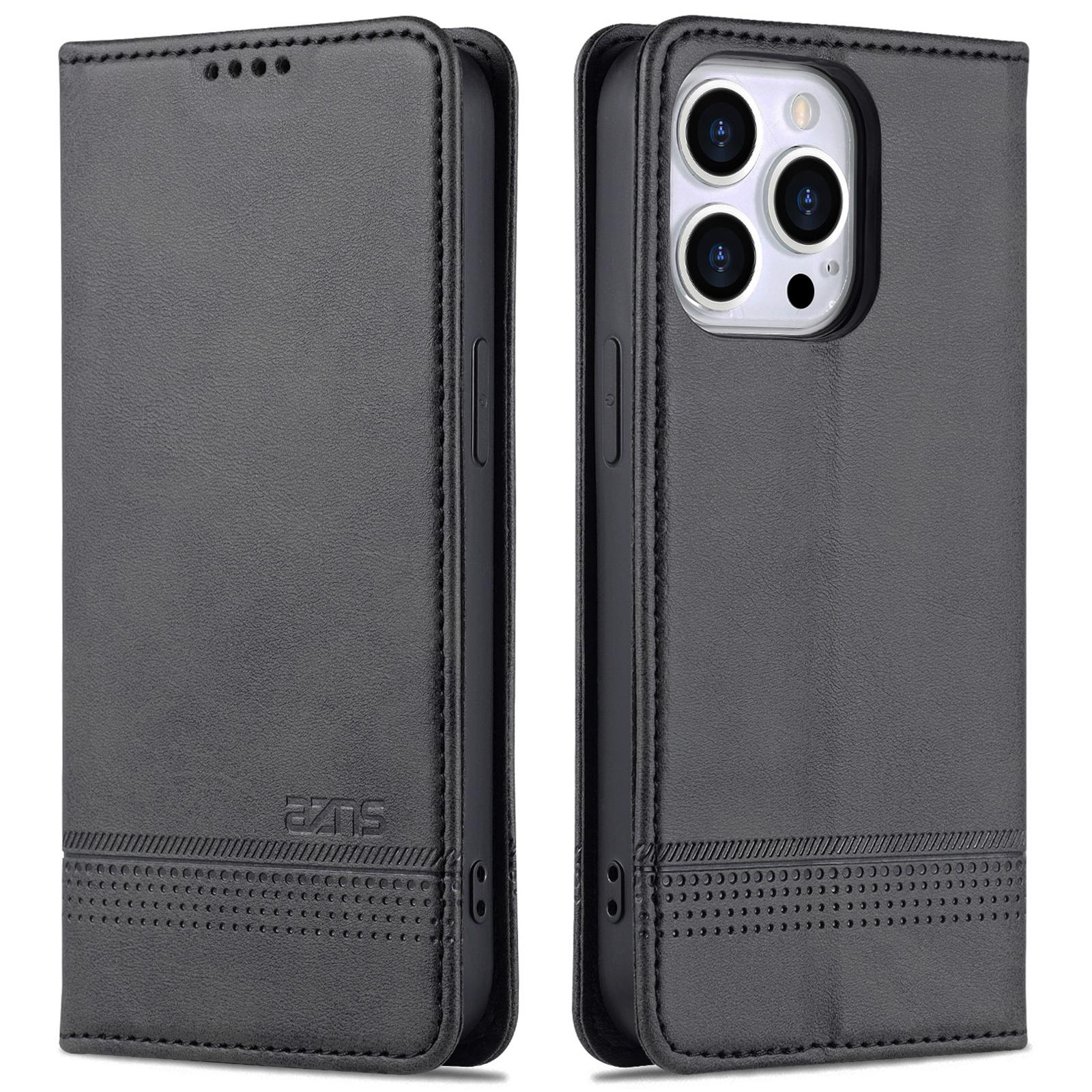 

AZNS Для iPhone 15 Pro Max Кожаный кошелек Чехол для телефона Подставка Защитный чехол Black