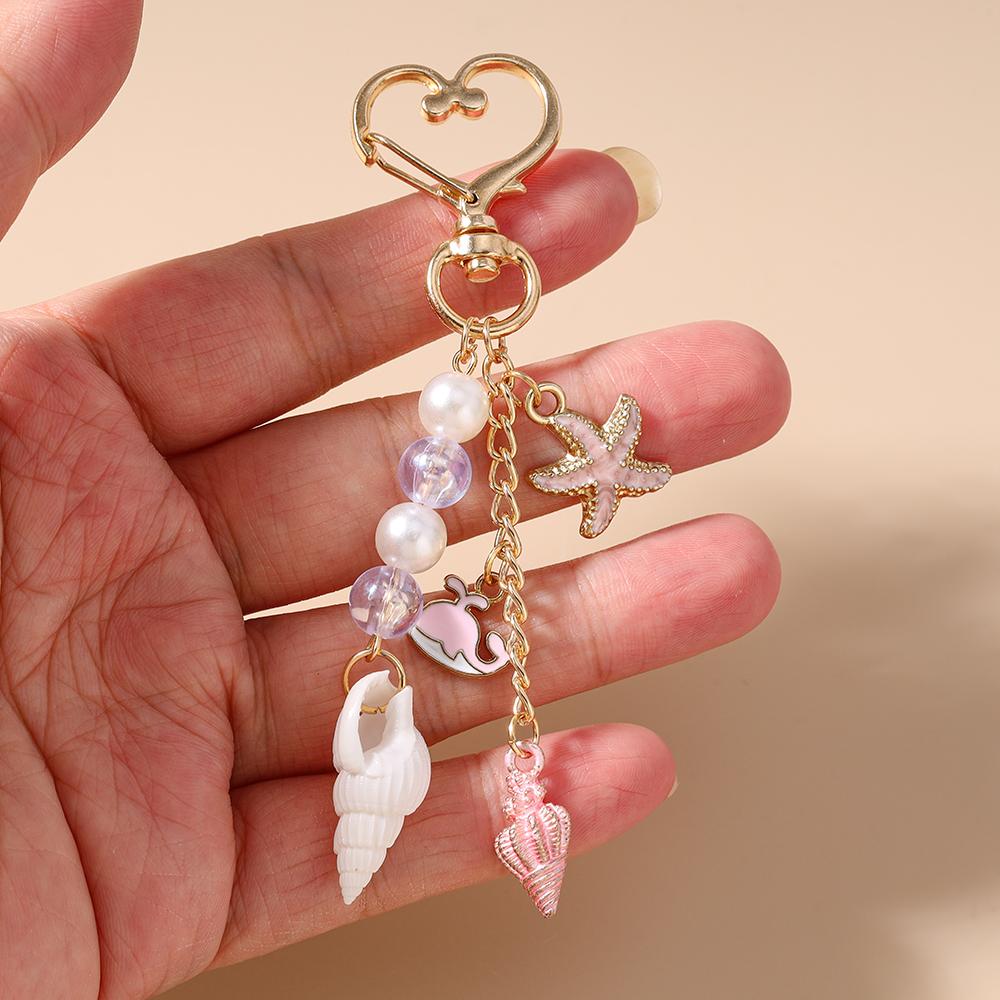 Fashion Marine Life Shell Conch Starfish Keychain Women Girls Pearl Key Ring Pendant for Handbag Decor DIY Key Chain Gifts
