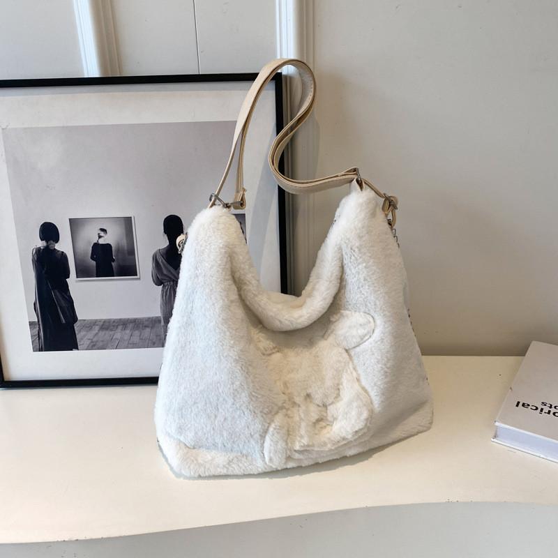 Cute Plush Tote Bag For Women Trendy Large Capacity Bag With Cartoon Patterns Ideal For Daily Use Available In Black Cream Khaki