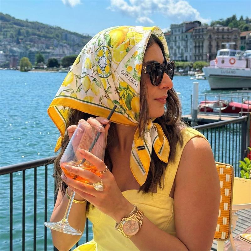 

Fashion Print Silk Hairbands Summer Lemon Scarf Women 2026 New Elagant Bandana Neck Kerchief Head Bands Foulard Female Scarfs 70x70cm