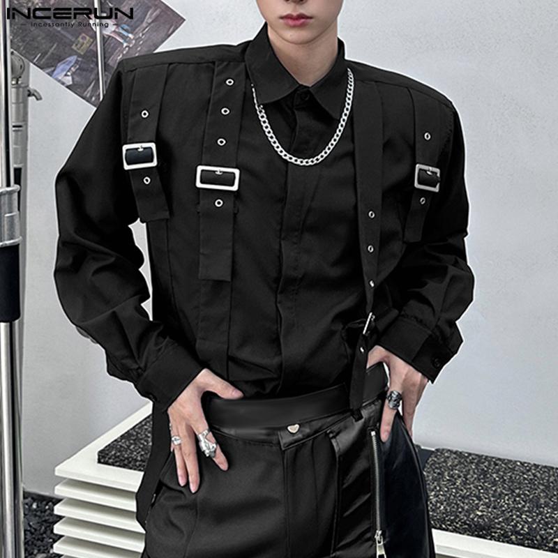 INCERUN Oversized Men Lapel Neck Long Sleeve Buttons Shirts Ribbon Patchwork Tops