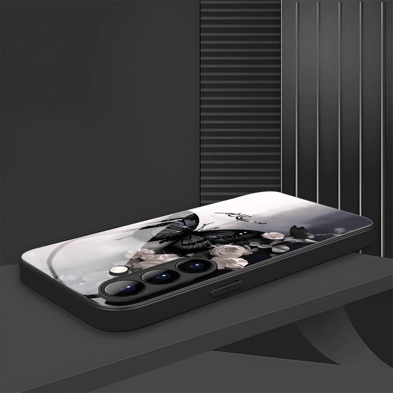 Custodia in vetro per telefono con motivo a farfalla nera adatta per Samsung Galaxy S26 S25 S24 S23 S22 S21 S20 FE/Ultra/Plus