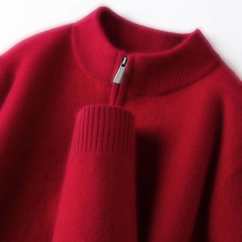 Men's Thickened 460g Cashmere Wool Sweater with Zipper, Half-High Collar, Warm Knitwear for Autumn/Winter.