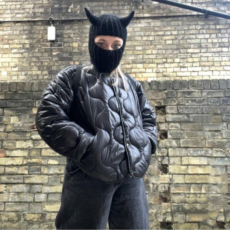 Novelty Devil Horn Face Cover Hat Knit Balaclava Cap for Women Men Winter Warm Hat Adult Halloween Costume Role Play Cap