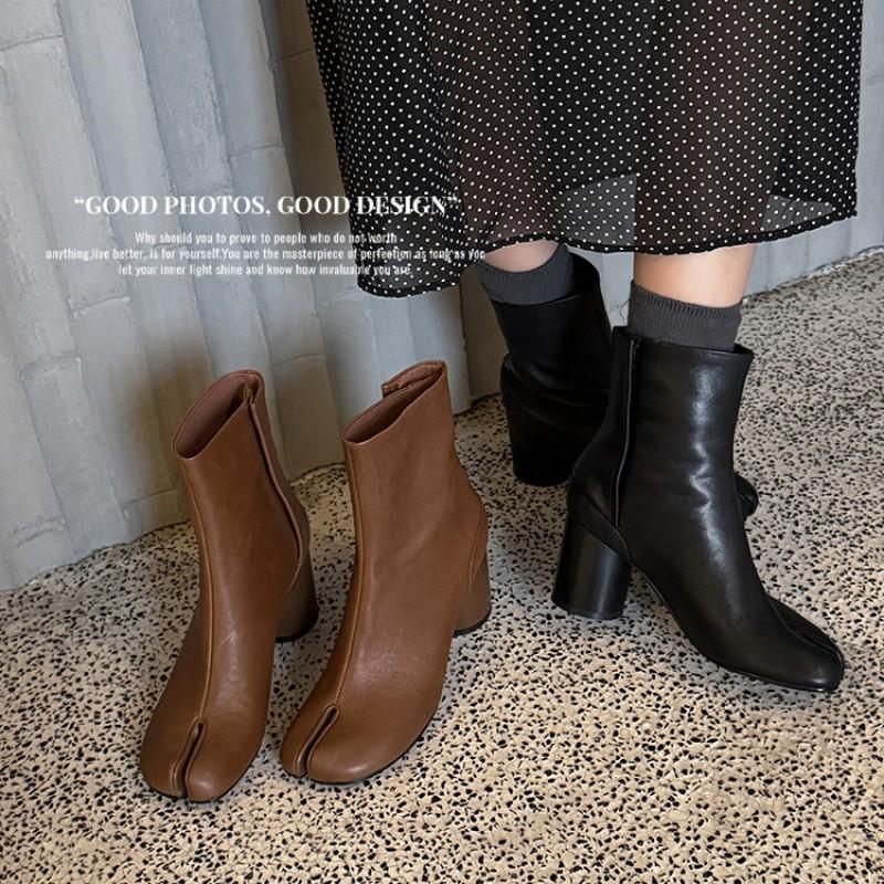 Womens Split Toe Ankle Boots Side Zip Chunky Heel Genuine Leather Short Fashion Footwear