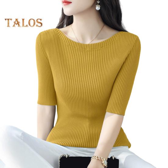 Women Tops Slim Fit Solid Color Ribbed T-Shirt Round Neck Half Sleeve Elastic Pullover Tops Daily Wear