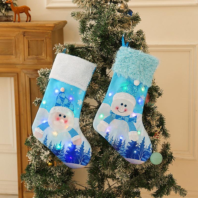 Christmas Socks With Lights, Blue Snowman Glowing Candy Bag Christmas Shu Decorative Gift Socks