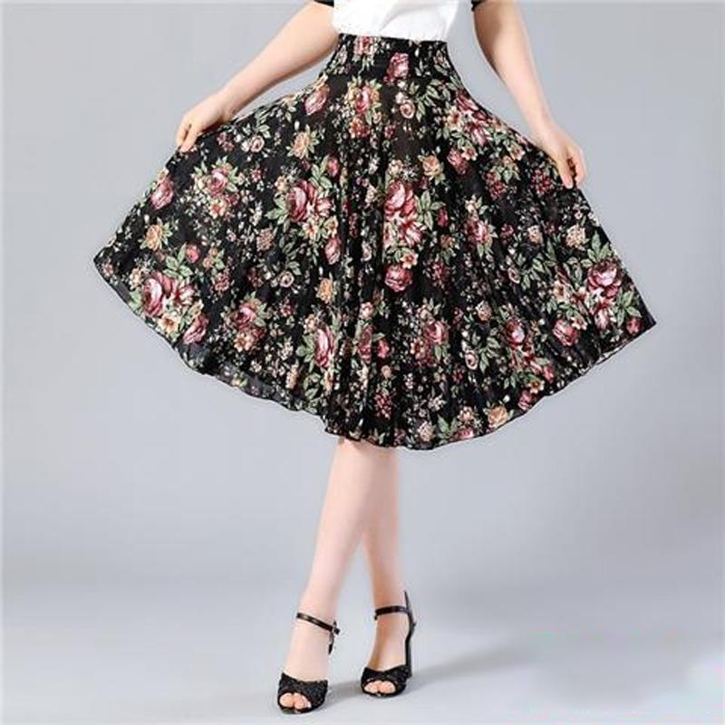 Fuste cu flori de lungime mijlocie de vară cu talie elastică femei lejer casual din șifon din mătase de gheață rochie de plajă pentru femei