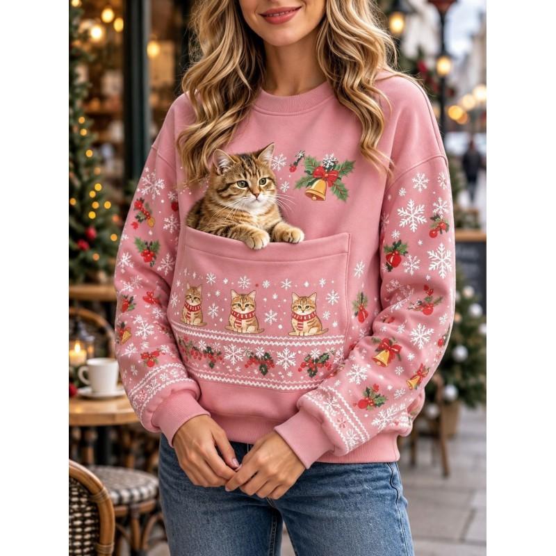 Christmas Cat Pocket Print Sweatshirt Retro Long Sleeve Top Holiday