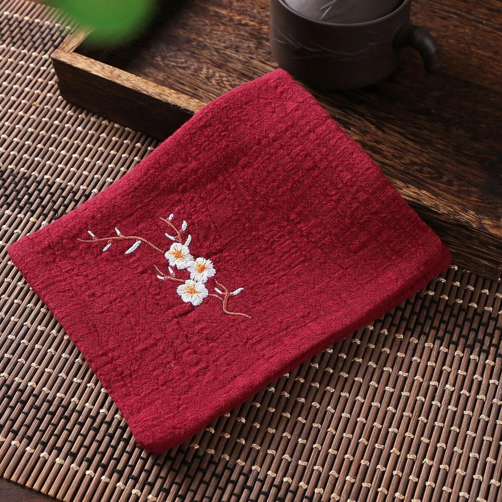 Cotton Linen Chinese Style Zen Tea Towel Absorbent Thickened Rag Flower Embroidery Tea Towel Tea Coaster Accessories