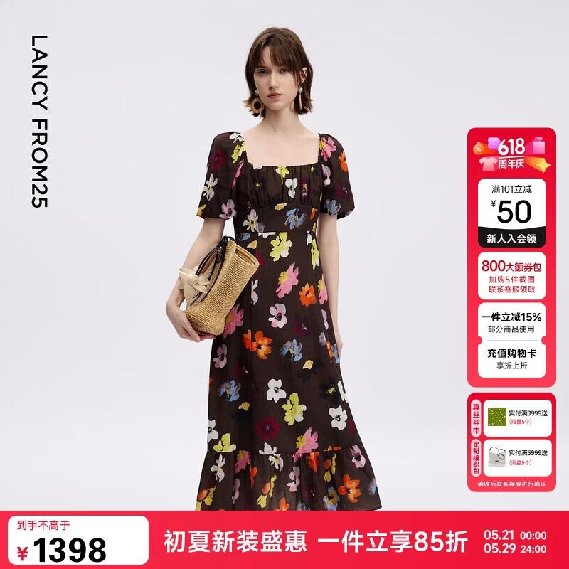 Langzi Vintage Floral Square Neck Midi Dress L