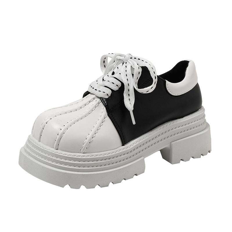 Fashion Color Block Block Heel Shoes Autumn New Round Toe Front Strappy Platform Non-slip Wear-resistant Single Shoes