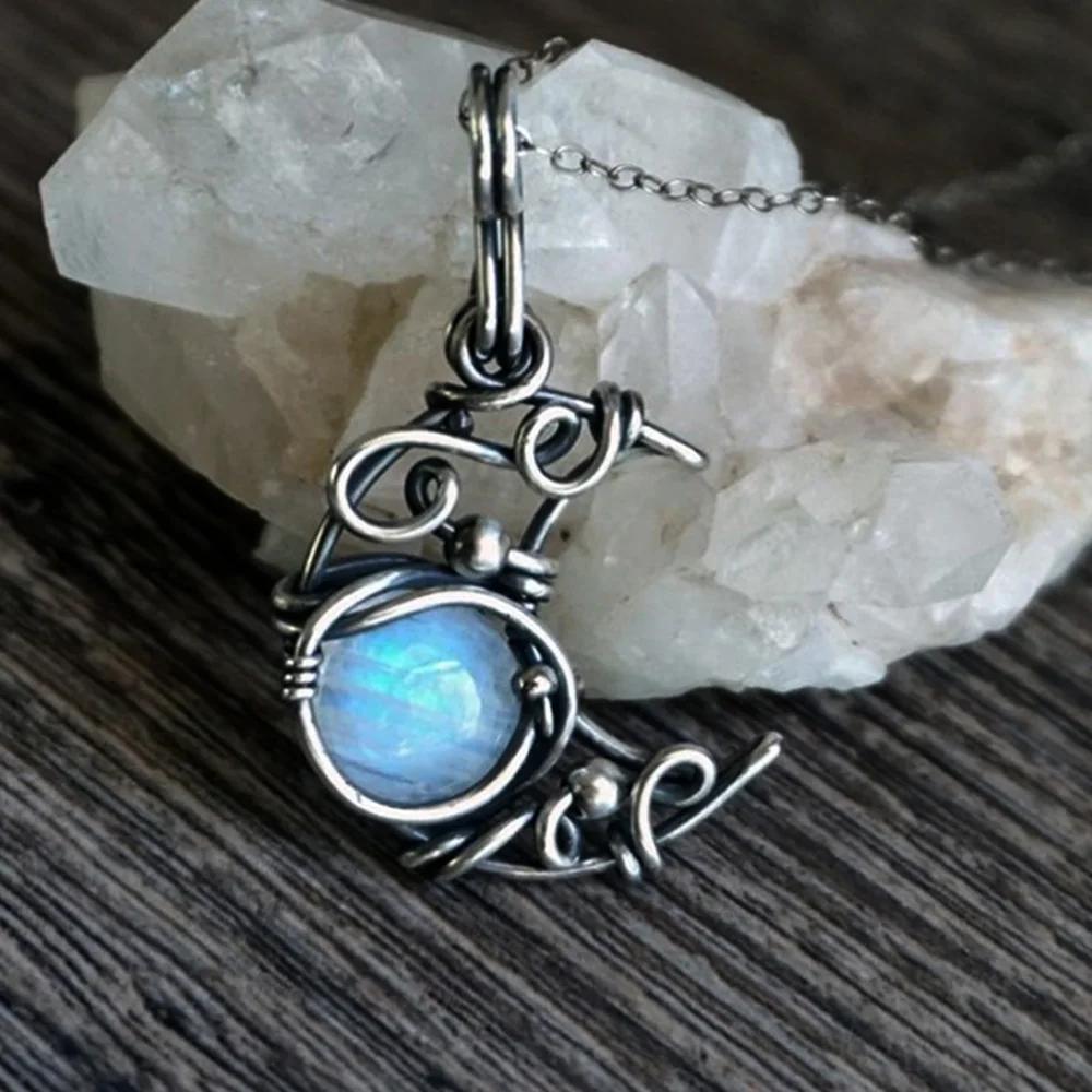 Collana Pendente Antico Pietra di Luna Artificiale Pietre Cabochon Vintage Boho Collana Luna per Dama Ragazze Donne Regalo